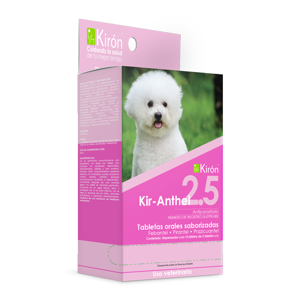 Kir-Anthel 2.5 broad-spectrum dog dewormer box with image of white fluffy dog. Triple action formula for internal parasites.