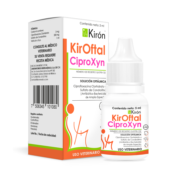 Kiroftal Ciproxyn - Ciproxyn Eye Drops for Pets in 5ml bottle with box, used to treat bacterial eye infections in cats and dogs.