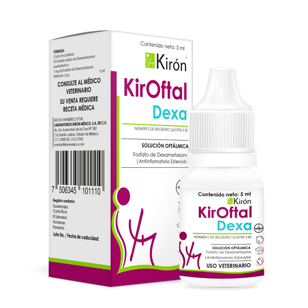 Kiroftal Dexa - Steroid Eye Drops for Pets packaging with 5ml bottle and box, used to relieve inflammation in dogs, cats, and horses.