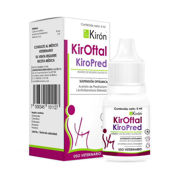 Kiroftal Kiropred veterinary eye inflammation drops for dogs and cats, 5ml bottle with packaging. Steroid-based formula for eye trauma and allergies.