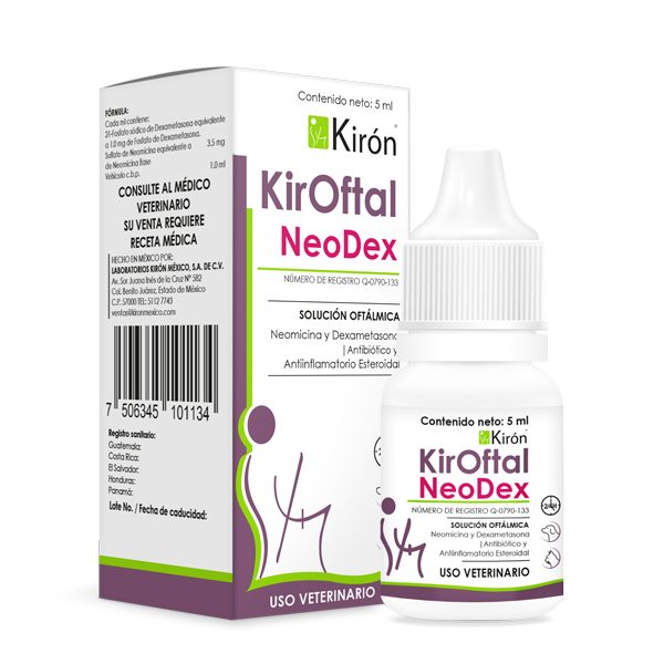 Kiroftal Neodex - Veterinary Ophthalmic Ointment for dogs and cats, shown with packaging and 5ml dropper bottle. Treats eye infections and inflammation.