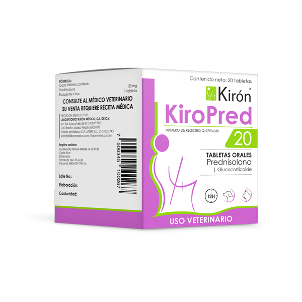 Kiropred 20 veterinary tablets by Kirón for treating allergies, arthritis, and skin or respiratory issues in dogs and cats.