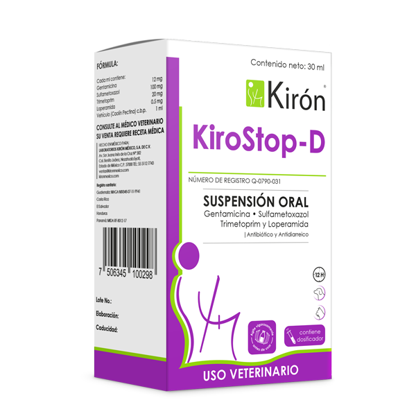 Kirostop-D Diarrhea Relief for Pets oral suspension box with Gentamicin and Loperamide for dog and cat gastrointestinal issues.
