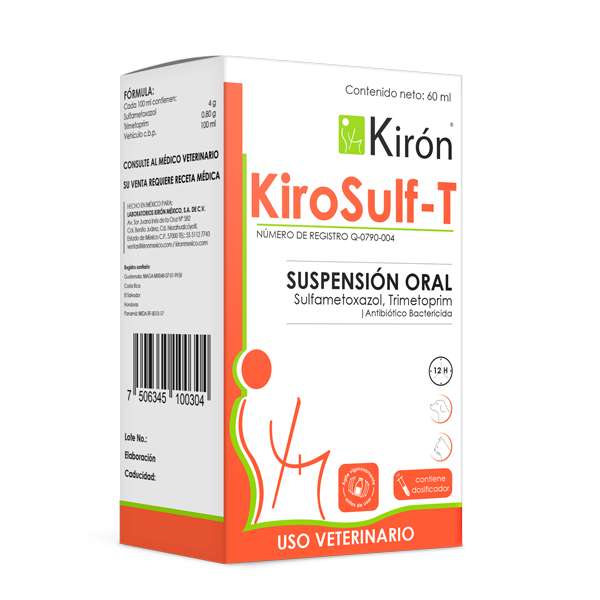 KiroSulf-T pet infection medicine by Kirón in 60ml oral suspension for treating respiratory, digestive, and urinary infections in cats and dogs.
