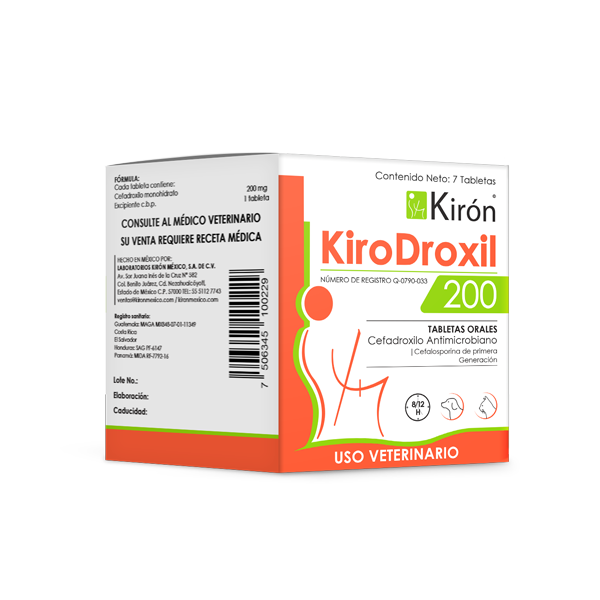 Kirodroxil 200 pet supplement box with 7 oral tablets, effective antimicrobial for treating infections in cats and dogs. Prescription required.