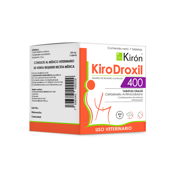 Front view of Kirodroxil 400 packaging showing dosage and veterinary use. Effective cefadroxil antibiotic for pet respiratory and skin infections.