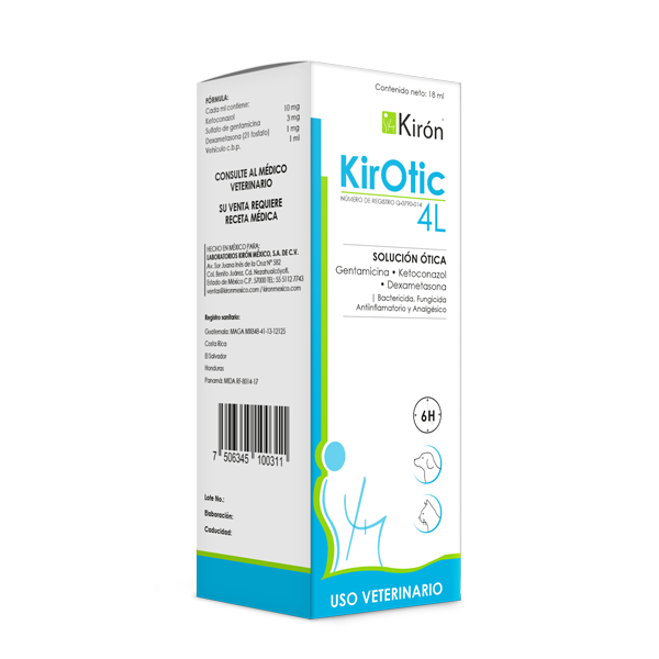 Kirotic 4L otic antimicrobial solution for pets in 10 mL box. Treats ear infections in dogs and cats with antibacterial and antifungal action.