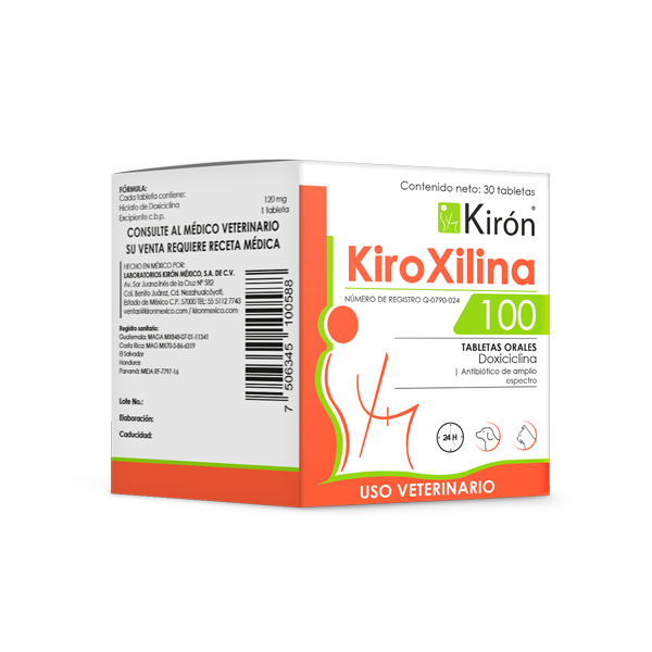 Kiroxilina 100 - Doxycycline Tablets for Dogs, 30-count box for treating bacterial infections like rhinitis and cystitis. Veterinary use only.
