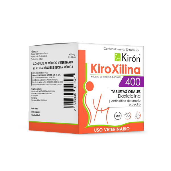 Kiroxilina 400 antibiotic tablets for dogs and cats by Kirón, used to treat infections from Gram-positive and Gram-negative bacteria.