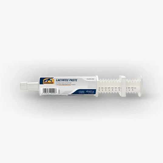 Lactatec Paste syringe for animal use, a muscle-enhancing nutritional supplement ideal for equine recovery and performance support.