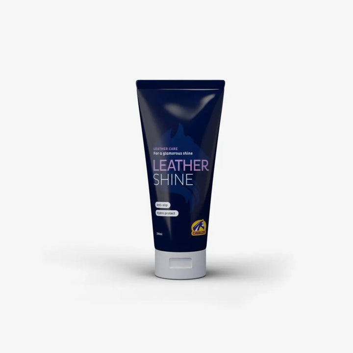 Cavalor Leather Shine 200ml tube with Hydro Protect and Anti Slip Formula, ideal for conditioning and restoring equine leather gear.