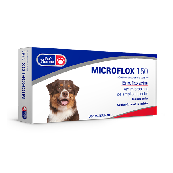 Microflox 150 Enrofloxacin tablets for pets by Pet's Pharma, used to treat infections in dogs and cats. Veterinary use, 10 tablet pack.