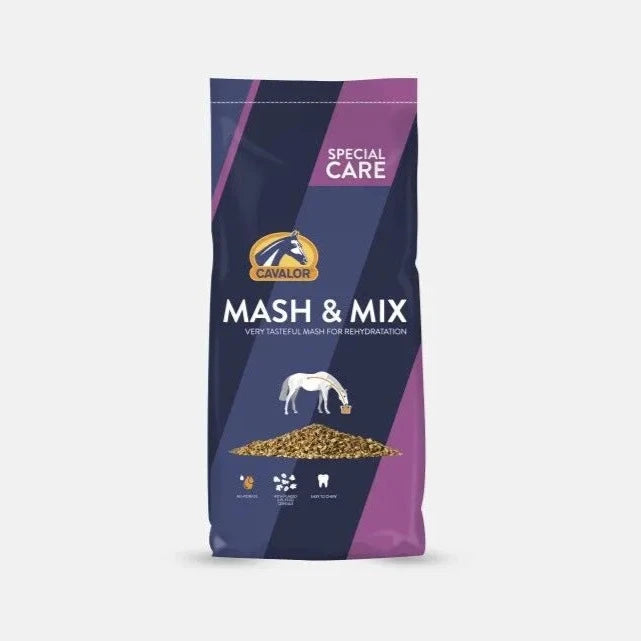 Cavalor Mash And Mix - Horse Recovery Mash in purple and navy packaging, supports hydration and energy post-exercise. Ideal for senior horse care.