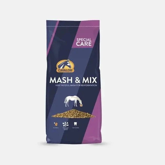 Veterinarian-recommended Cavalor Mash And Mix horse feed bag, promotes digestion, hydration, and recovery. Special care formula for equine health.