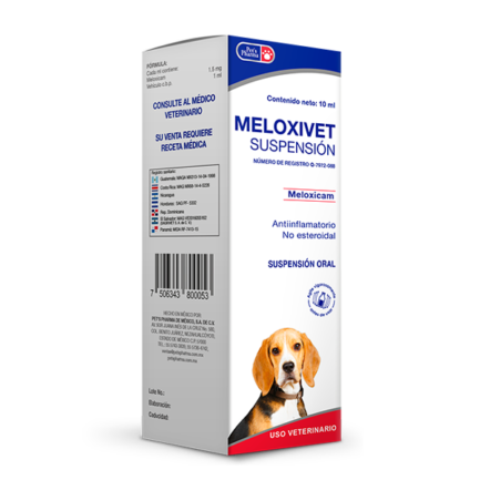 Meloxivet Suspension for pets, a 10ml NSAID oral liquid for pain relief in dogs and cats. Veterinary-prescribed anti-inflammatory supplement.