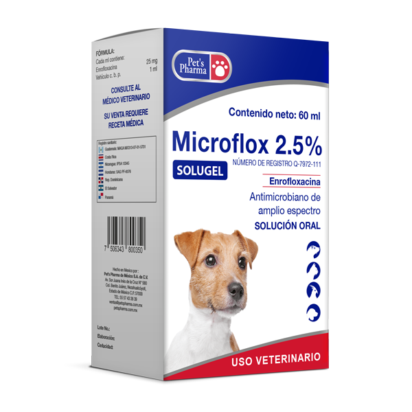 Microflox 2.5% enrofloxacin antibiotic for pets in 60ml oral solution, treats bacterial infections in dogs and cats. Broad-spectrum pet supplement.