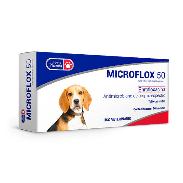 Microflox 50 - Enrofloxacin for Pets broad-spectrum antibiotic tablets for dogs and cats, used to treat respiratory, skin, and urinary infections.