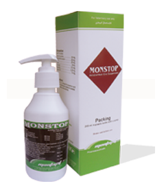 MONSTOP oral suspension for controlling diarrhea in horses and camels, shown with pump bottle and packaging box in green and white design.