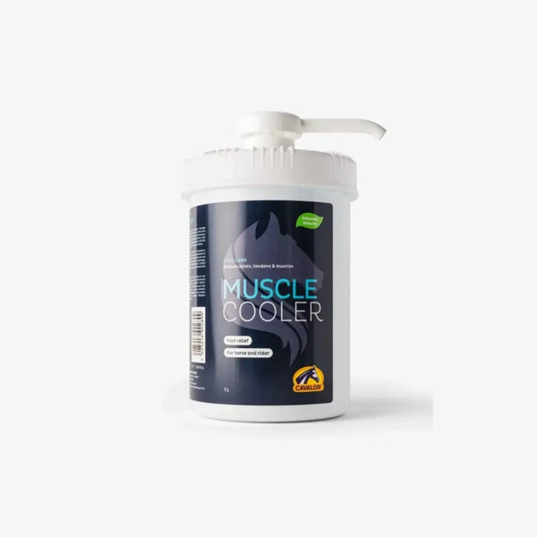 Muscle Cooler - Horse Muscle Recovery Gel in 1L container with pump. Veterinarian-recommended for fast relief of sore horse muscles and stiffness.