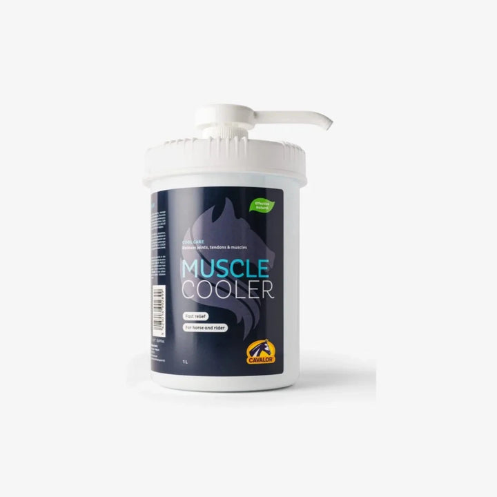 Cavalor Muscle Cooler Gel for horses and riders, 1L bottle with dispenser. Cools and soothes muscles using essential oils for pain and stiffness relief.