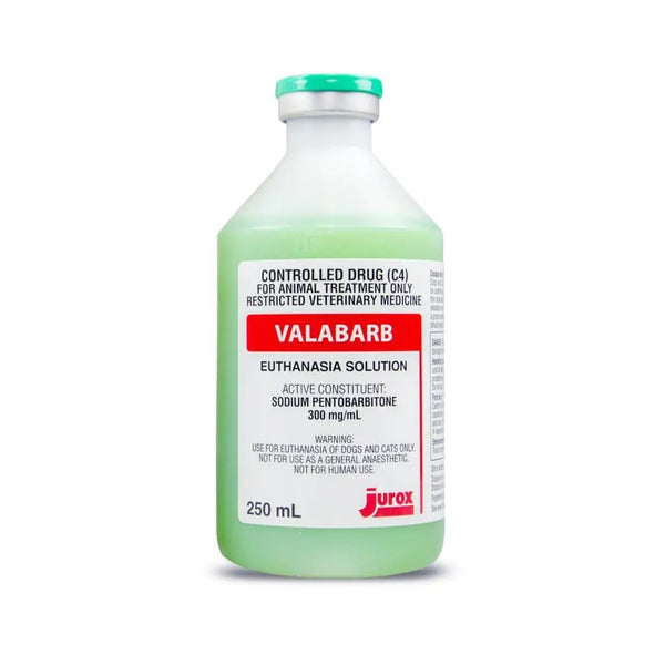 Valabarb euthanasia solution for animals, 250mL veterinary-use bottle with sodium pentobarbitone. Restricted pet care medication.