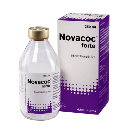 NOVACOC FORTE veterinary supplement 250ml for horses and camels, used for pain relief and respiratory support in equestrian care.