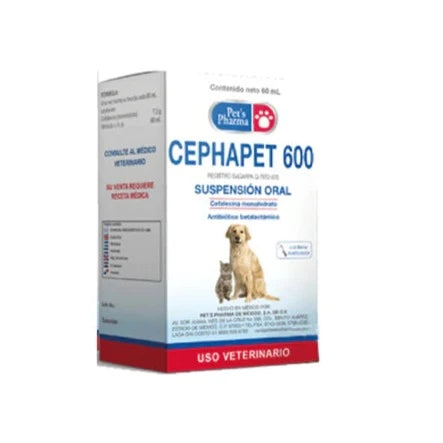 Cephapet 600 veterinary antibiotic suspension, effective cephalexin formula for respiratory, skin, and urinary infections in cats and dogs.