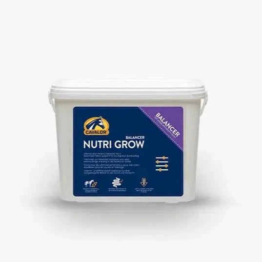 Cavalor NUTRI GROW balancer for horses, supports muscle and bone growth with a vet-recommended formula ideal for young and growing animals.