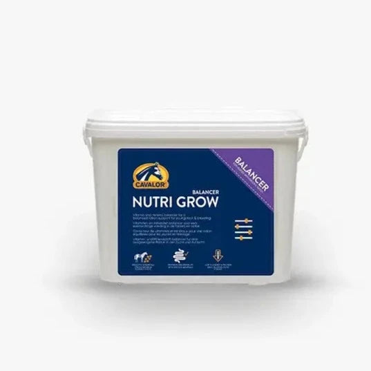 NUTRI GROW horse supplement container by Cavalor for healthy and strong bone growth, enriched with essential vitamins and minerals for optimal development.