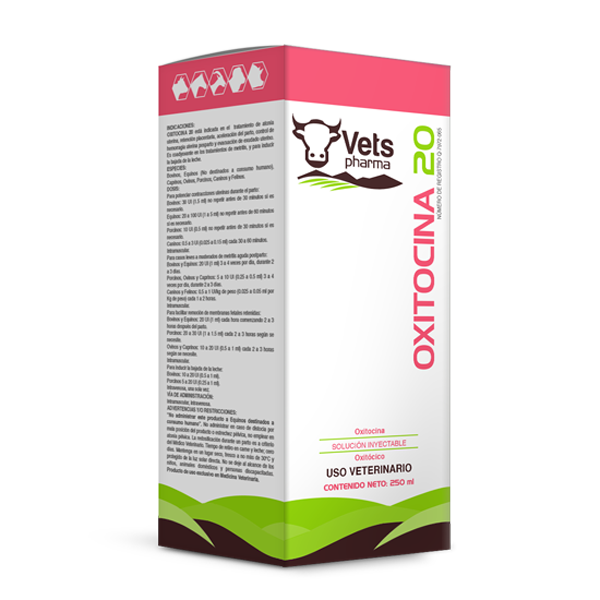 Oxitocina 20 uterotonic hormone supplement for animals by Vets Pharma, 250 ml veterinary injectable solution for reproductive health support.