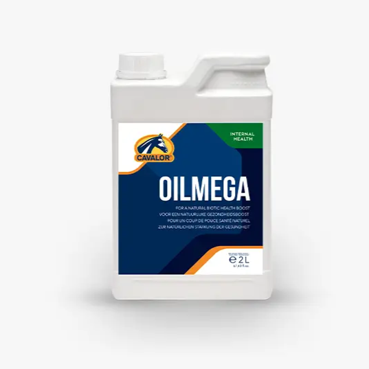 Cavalor OilMega 2L supplement for horses, promoting internal health, omega-3 support, and coat shine in the Animals & Pet Supplies category.