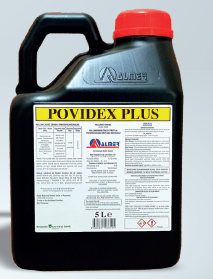 POVIDEX PLUS powerful disinfectant solution for animal care, 5L container ideal for sterilizing camel and horse care facilities.