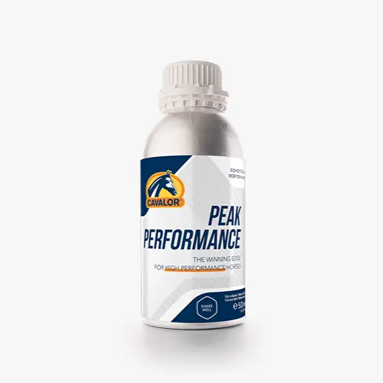 PEAK PERFORMANCE equine supplement bottle by Cavalor, designed to enhance horse stamina and strength with herbal and essential oil blend.
