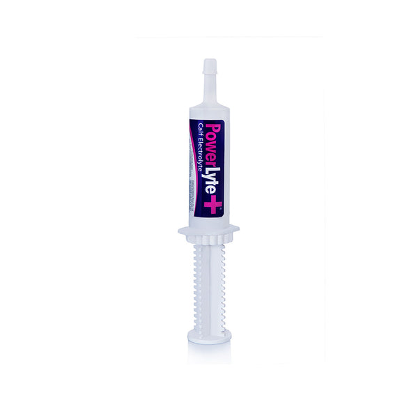 POWERLYTE+ oral syringe for calves, designed to accelerate healing from digestive disorders like diarrhea and support leg health recovery.