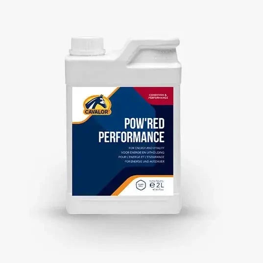 Cavalor POW'RED PERFORMANCE 2L equine supplement boosts energy and endurance, supporting muscle recovery and vitality in horses.