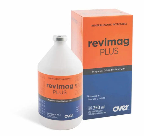 REVIMAG PLUS mineral supplement for cattle and sheep, 250 ml injectable bottle with box. Contains magnesium, calcium, phosphorus, and zinc.