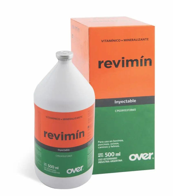 REVIMIN injectable vitamin mineral supplement for camels and livestock in 500ml bottle with packaging. Supports immune health and growth.