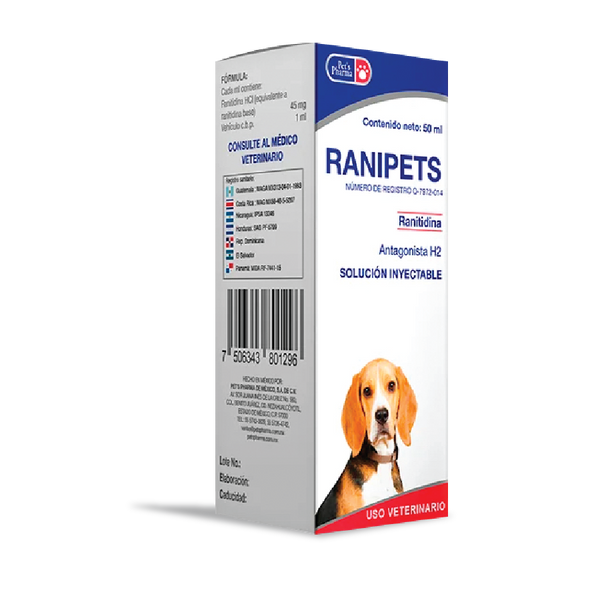 Ranipets - Ranitidine for Pets gastroprotective supplement for dogs and cats, 50ml injectable solution for treating ulcers and acid reflux.