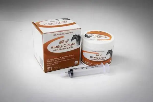 HI-VITE C Paste for your horse's health, a 250g supplement with bioflavonoids, includes syringe for easy dosage. Ideal for camel and horse recovery.