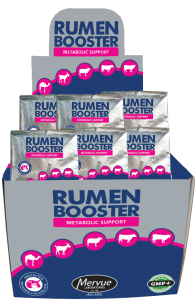 RUMEN BOOSTER dietary supplement display box for cow, camel, and horse digestion support in the Animals & Pet Supplies category. Scientifically formulated for rumen health.
