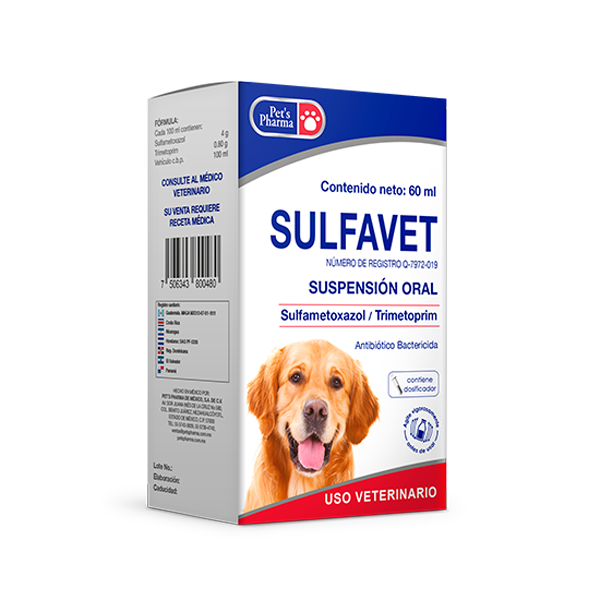 Sulfavet Oral veterinary antimicrobial solution for pets, 60ml suspension with sulfamethoxazole and trimethoprim. Treats bacterial infections in animals.