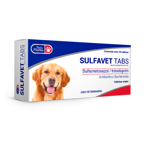 Sulfavet Tabs pet supplement box with golden retriever image, offering broad-spectrum antimicrobial treatment for dogs and cats.