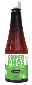 SUPER PHOS liquid supplement for livestock, 500ml bottle supports calcium and phosphorus levels in cattle, sheep, and camels.
