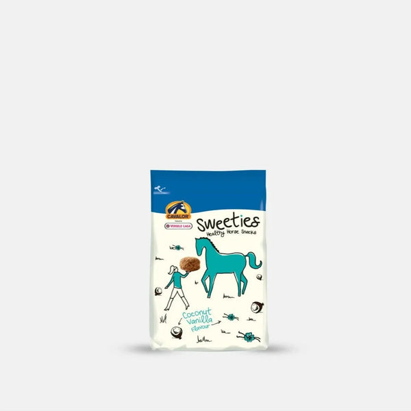 Sweeties Coconut Vanilla Horse Treats in resealable bag, nutritious rewards for horses with energy, vitamins, and healthy fats.