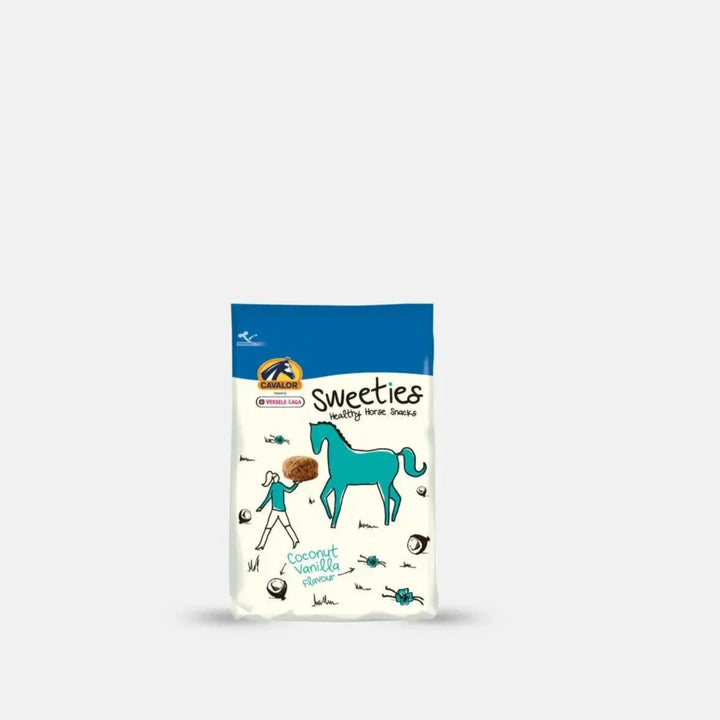 Sweeties Coconut Vanilla Horse Treats packaging featuring horse illustration, ideal for training and rewarding horses with healthy ingredients.