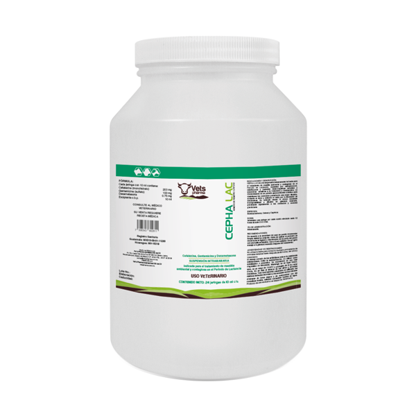 Cepha Lac veterinary supplement container for cow mastitis treatment with broad-spectrum antibiotics. Promotes udder healing and reduces inflammation.