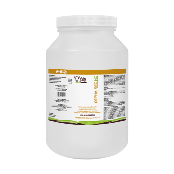 Cepha Sec NC pet supplement container for dry period mastitis prevention in dairy cattle, sheep, and goats. Veterinary-use antibiotic formula.
