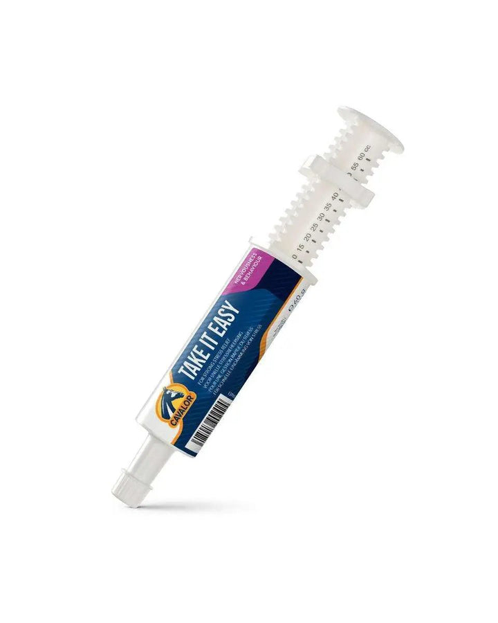 TAKE IT EASY calming paste for horses in a dosage syringe, ideal for stress relief and improved concentration in animals. Supports horse and camel nerve care.