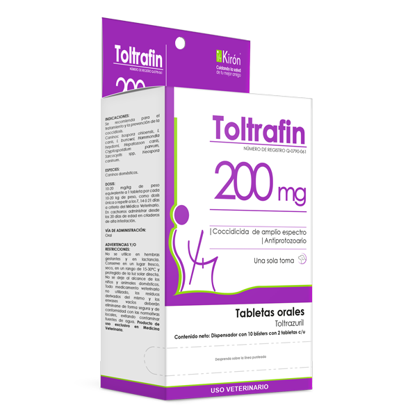 Toltrafin Oral Tablets 200 mg box for dogs, used for coccidiosis treatment and prevention. Vet-recommended antiparasitic pet supplement.