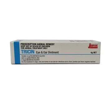 Tricin Eye & Ear Ointment 4g box for animal use, offering fast relief from bacterial infections in pet eyes and ears with triple antibiotic power.